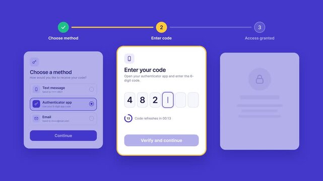 Two-Factor Authentication UI Animation Showing 2FA Verification Process and Access Granted on Solid Background
