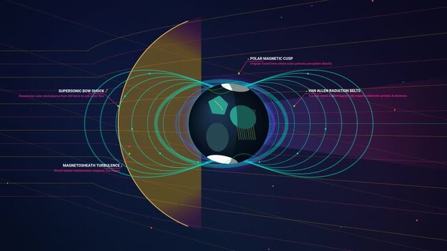 Educational 4K animation illustrating the complex process of Earth's geomagnetic reversal, featuring core dynamics, magnetic flux expulsion, and dipole inversion with scientific annotations