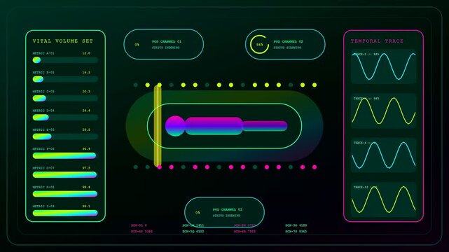 Volumetric diagnostics display showing three interface windows with pulsing neon wave forms glowing bar charts and geometric scan zones that shift across the dark digital screen interface