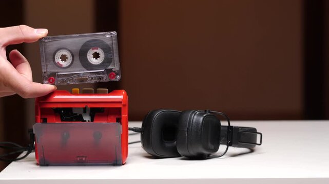 Hand inserting an audio cassette into a retro red portable player, with black headphones resting on a white table, evoking nostalgia for analog music and vintage technology