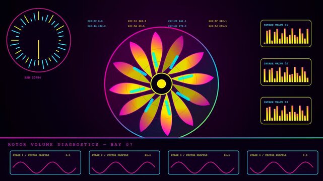 A digital volumetric diagnostics interface displays spinning turbine rotors and circular gauge metrics across three interconnected monitor panels in a glowing dark purple laboratory server room setup