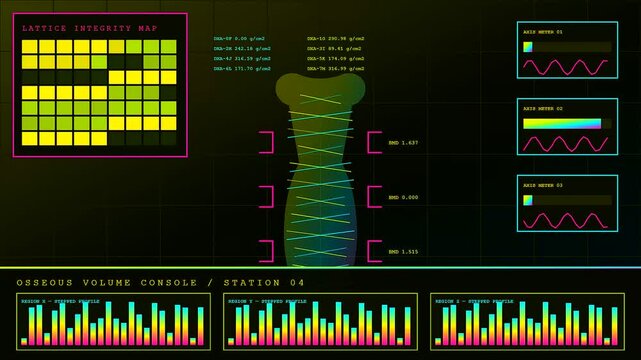 Digital displays showing volumetric diagnostics with green lattice integrity maps and colorful bar graphs during a system monitoring process on a dark screen interface display