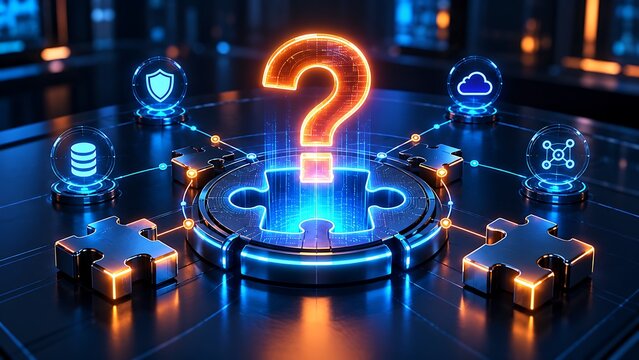 Glowing Question Mark Puzzle Piece On Digital Technology Platform With Cloud And Security Icons