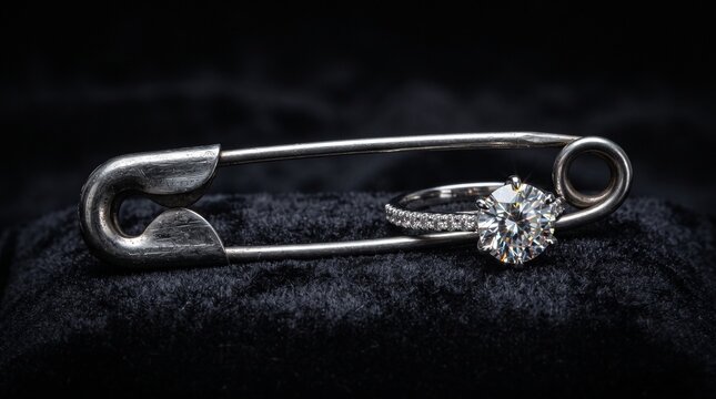 A giant metallic safety pin clasping a flawless diamond ring representing the frugal preservation of luxurious marital wealth.