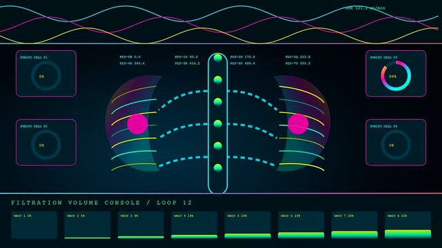 Volumetric diagnostics display showing shifting data streams in a dark digital monitoring interface with pulsating light nodes and changing numerical values across multiple screens