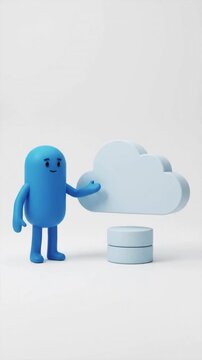 3D Mascot Blue Character Presenting Cloud Computing Data Storage