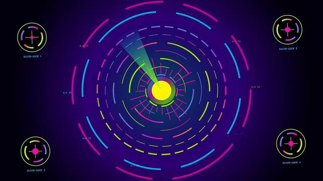Three neon circular volumetric diagnostics animations cycle rhythmically across a deep dark void creating multiple radiating light patterns that pulse with vibrant luminous magenta and cyan colors