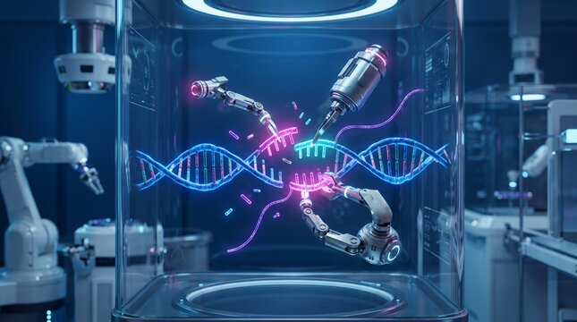 Futuristic CRISPR Gene Editing Laboratory for Precision Genomics, Advanced molecular technology visualizing targeted DNA modification and next-generation genetic engineering research.