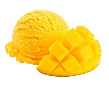 Mango ice cream scoop next to fresh juicy tropical fruit slice with vibrant yellow color and realistic creamy texture&nbsp;