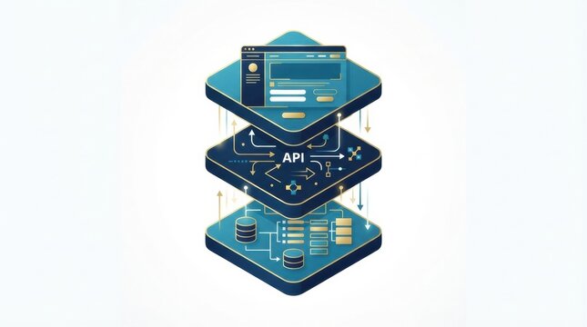 This graphic illustrates components of software development including an API layer along with database and interface elements displayed clearly.