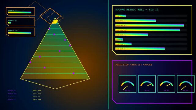 A sequence showing volumetric diagnostics displayed as glowing yellow geometric pyramid shapes with shifting bar charts and digital interface meters on a dark gradient display screen