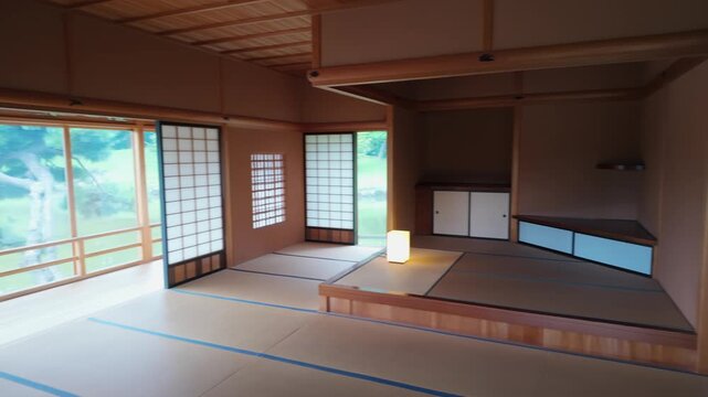 A serene traditional Japanese washitsu room with tatami mats and shoji screens in Hamarikyu Gardens, Tokyo, Japan, designed for quiet relaxation and reflection.
