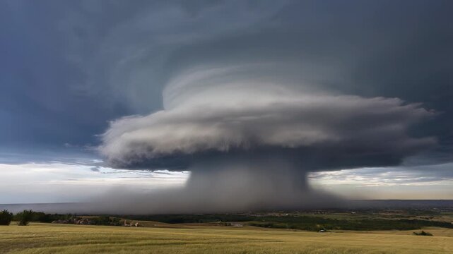 Dark layered supercell storm cloud over a yellow field and horizon.