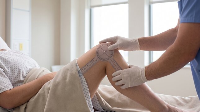 Medical professional measuring knee joint range of motion with goniometer