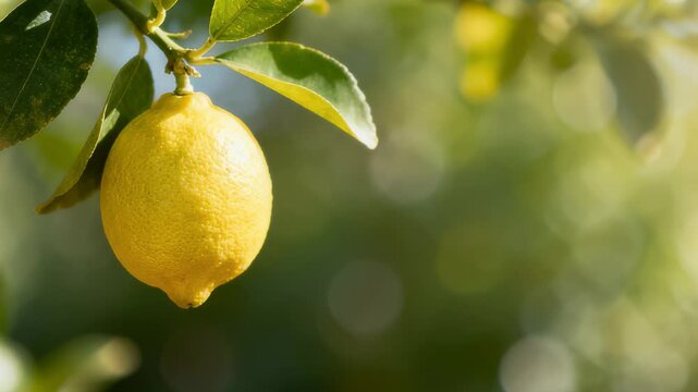 Ripe yellow lemon with green leaves on a branch on a blurred green background in sunlight.