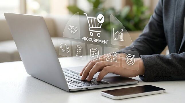 Businessman Using Laptop for Online Procurement and Supply Chain Management with Digital Icons Representing Logistics, Sourcing, and B2B Transactions in a Modern Office Environment.