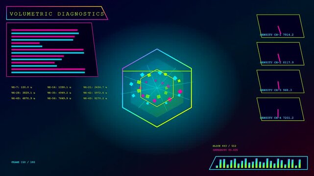 Volumetric diagnostics visual data processing interface showing shifting geometric neon patterns with syncopated light pulses on a dark digital display grid for advanced medical simulation systems