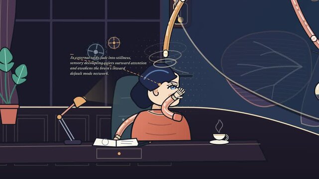 Default mode network animation showing a woman daydreaming as her brain uses past episodic memory from the hippocampus to imagine future scenarios via the medial prefrontal cortex