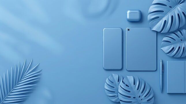 Blue monochromatic minimalist flat lay featuring a generic smartphone, tablet, wireless earbud case, pen, and notebook surrounded by tropical monstera and palm leaves with elegant soft shadows