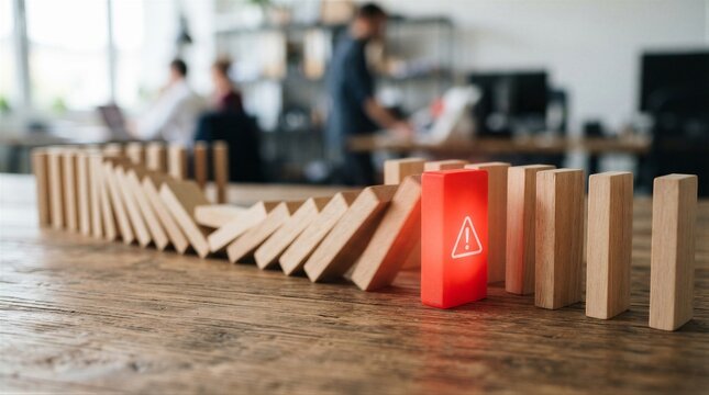 Wooden dominoes collapsing with red alert block on desk