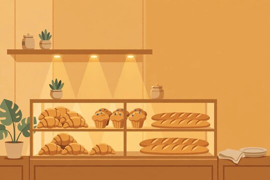 Warm bakery display case filled with croissants and pastries under golden spotlights
