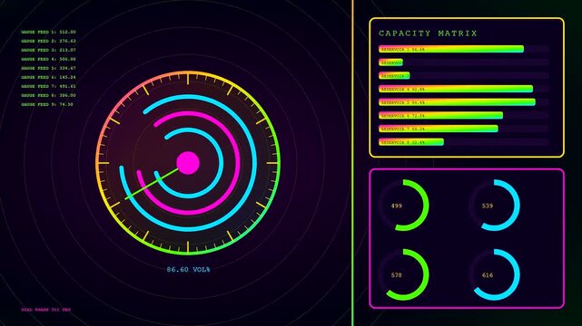 Volumetric diagnostics display showcasing animated circular radar interfaces and bar charts with shifting digital metrics rendered in glowing neon pink green and cyan light streams for users