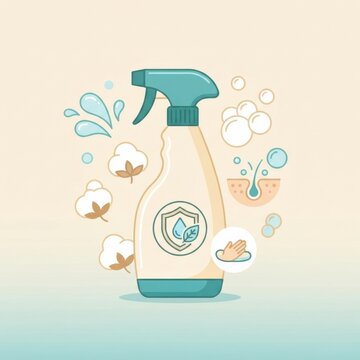 Household cleaning products are displayed, featuring a spray bottle design. The scene shows various cleaning elements including bubbles and cotton.