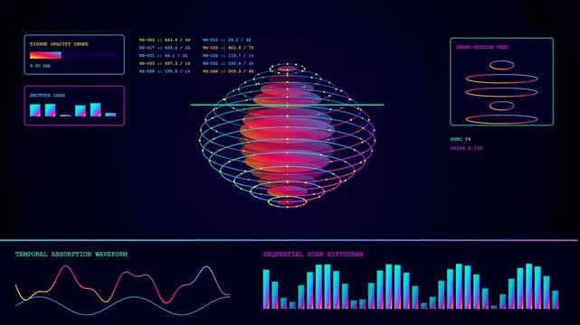 Volumetric diagnostics display flickering on screen showing glowing neon spheres with oscillating waveforms and rhythmic bar charts animating in a continuous loop for medical data visualization