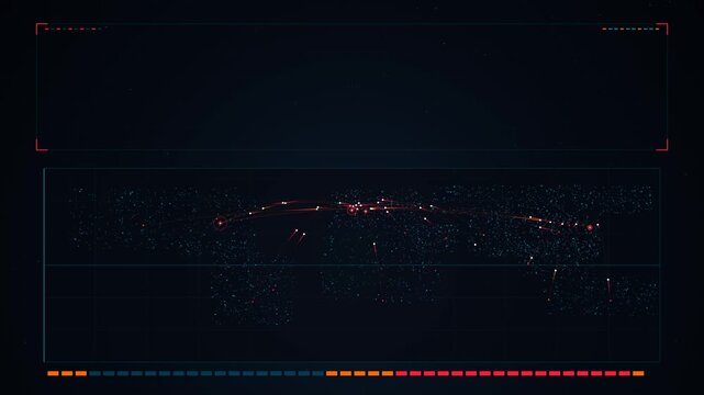 4K cyberpunk military command animation of a global threat world map with transoceanic crimson red DDoS laser trajectories and clean top copy space.