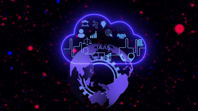 Digital cloud computing concept featuring a glowing purple globe with a neon cloud outline containing various business and technology and the text iaas against a dark background, with light particles
