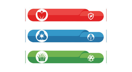 Fototapeta premium Colorful ribbon banners featuring heart, user, plant, and globe icons in red blue and green.