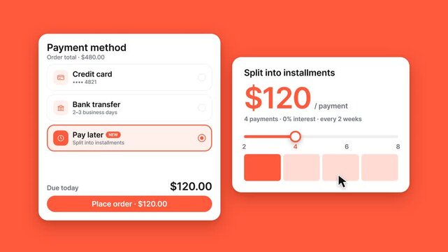 E-commerce Checkout UI Animation showing Pay Later Installment Selection and Order Completion, Isolated on Solid Background
