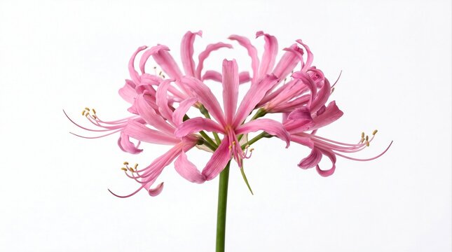 Delicate pink spider lily with slender curling petals and prominent stamens extending from a single green stem, presented on a clean white background.