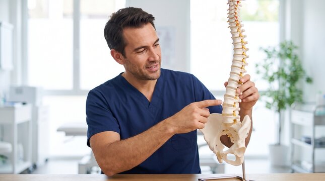 Male doctor pointing at human spine model in bright medical office clinic
