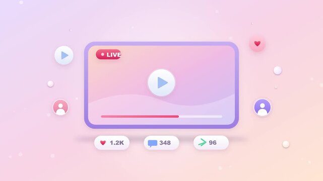 Colorful live streaming interface vector video animation with social media icons and hearts floating around gently