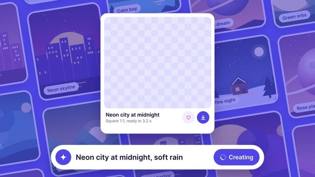 AI image generator interface typing a text prompt to create a digital illustration, modern software UI motion graphics
