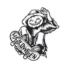 Halloween Pumpkin Character Riding a Skateboard Illustration © Duks