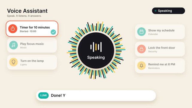 Smart Voice Assistant Interface Processing User Command to Set Timer, Animated UI Design on Solid Background