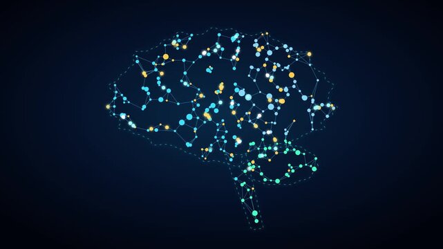 Glowing digital brain network animation with pulsing nodes and synaptic connections pulsing across dark cyberspace motion video footage