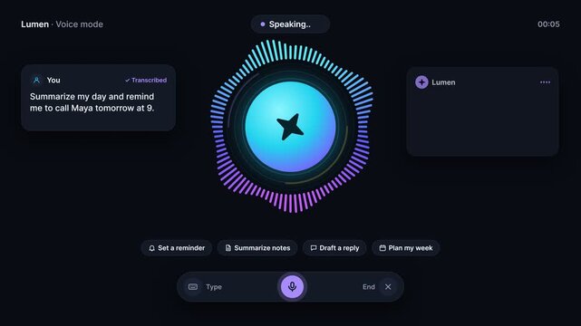 AI Voice Assistant Interface Transcribing Speech and Displaying Daily Schedule Summary on Dark Background