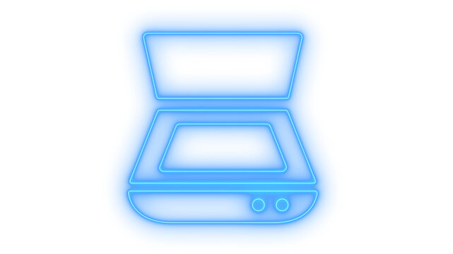 Glowing neon flatbed scanner icon isolated on transparent background. Office copier machine. Document scanning device. Digitalization sign. Hardware