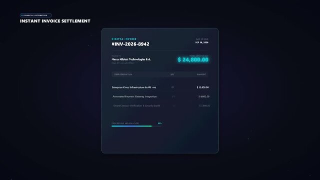 Digital Invoice Settlement Animation Displaying Automated Payment Processing for Global Technology Services with a Paid Status Notification on a Futuristic Dark Financial Interface Background
