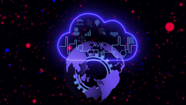 Digital globe with a glowing blue neon cloud containing the letters avp, surrounded by floating red and blue particles on a dark background, representing advanced virtual processing and data