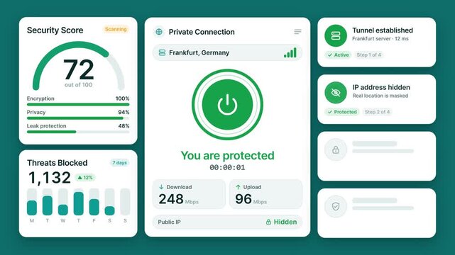 VPN Application Dashboard Interface Connecting to Secure Server with Increasing Security Score, Isolated on Solid Background, Motion Graphics