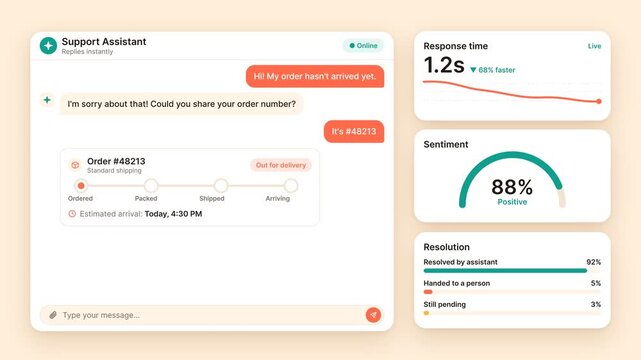 AI Support Assistant Chatbot Interface Resolving Customer Order Query with Real-time Data Dashboard, Motion Graphics Animation isolated on solid background