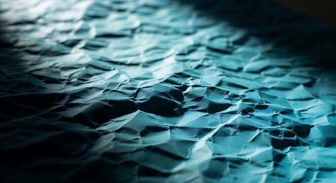 Macro shot of dark blue rumpled paper texture with dramatic side lighting