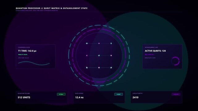 High-tech quantum processor dashboard displaying qubit matrix and entanglement state with real-time data visualization and active qubit monitoring for advanced computing and scientific research.