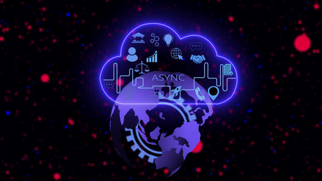 Digital globe with a glowing blue neon cloud containing the word async, surrounded by floating red and blue particles on a dark background, representing asynchronous data communication systems
