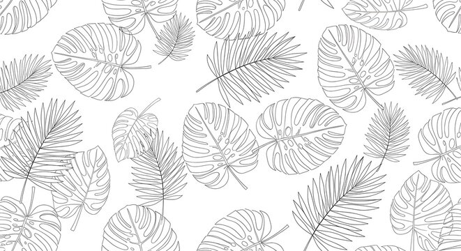 Tropical Leaves Line Art Vector Pattern Background for Design