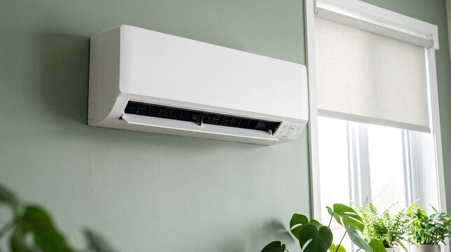 Modern Air Conditioner Mounted on Light Green Wall Next to Window with Roller Blind
